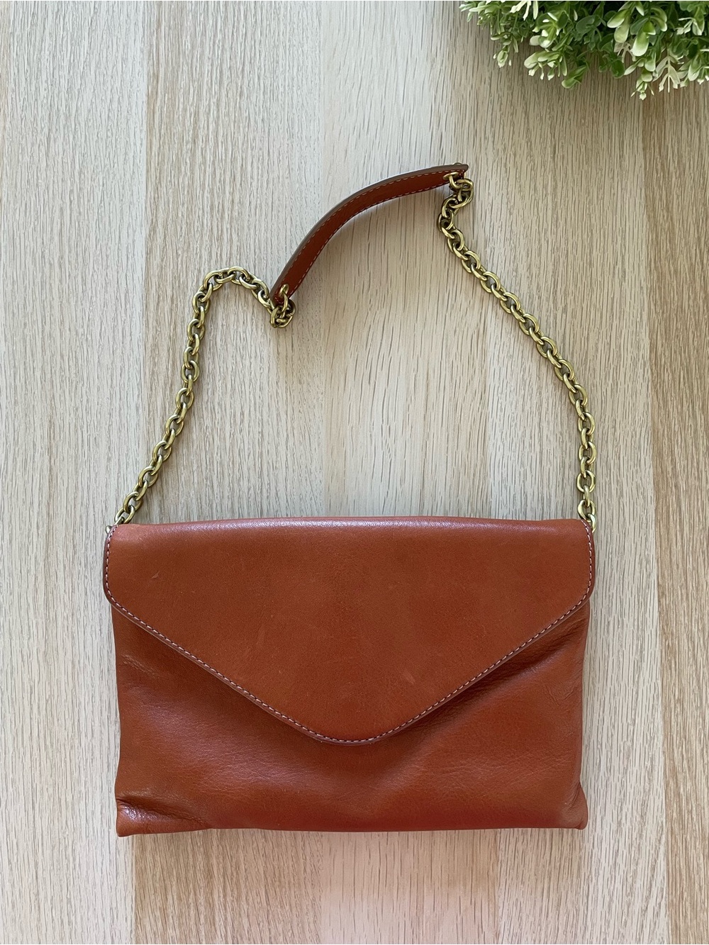 J. Crew Cognac 100% Leather Envelope Clutch with Gold Chain Strap